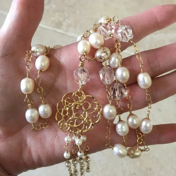 Pearl Necklace, Tassel Necklace, Long Necklace, June Birthstone Necklace - Picture 3 of 4